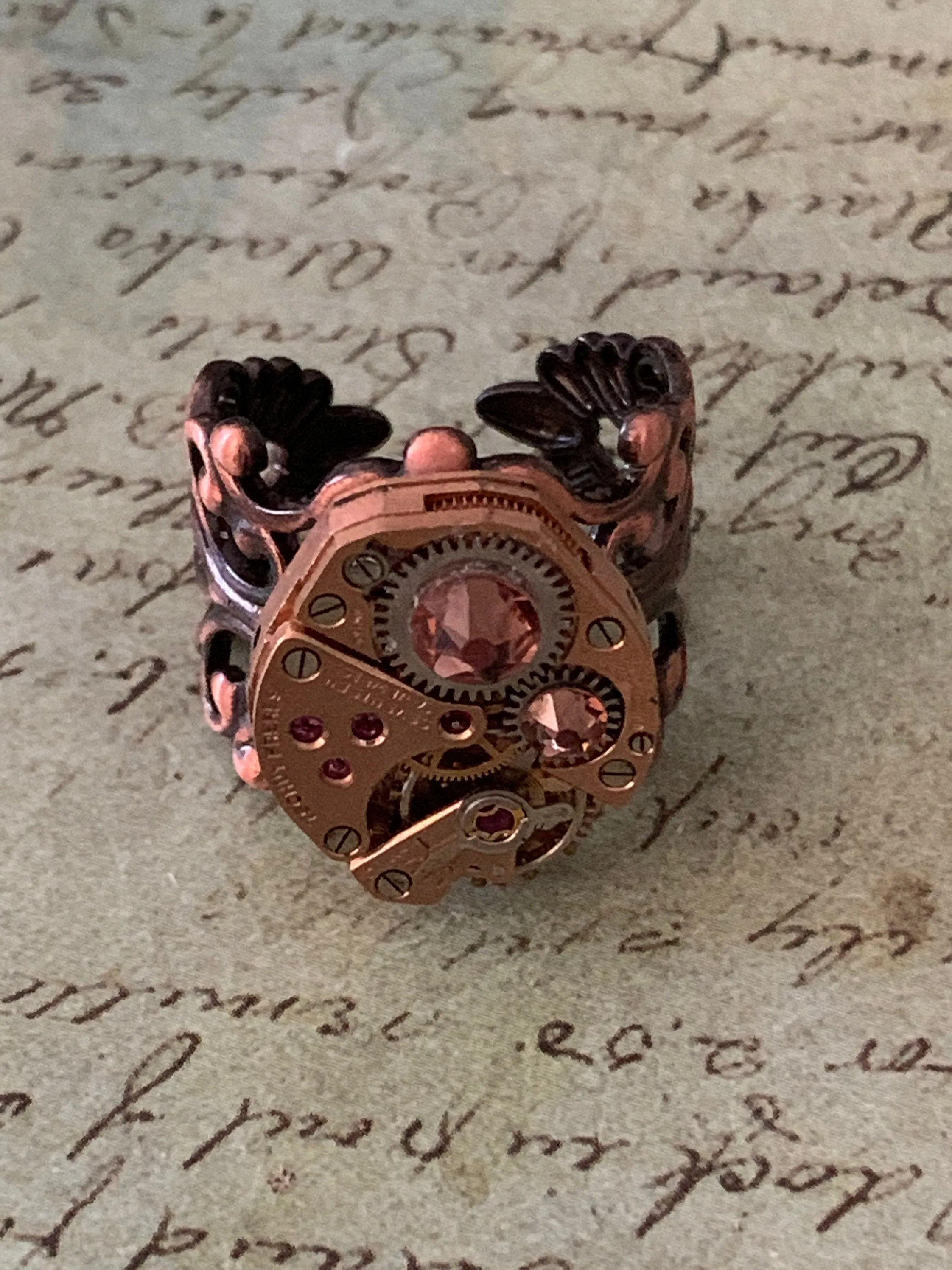 Steampunk Ring - Repurposed recycled beautiful timepiece rose gold watch movement ring red copper adjustable gift for her