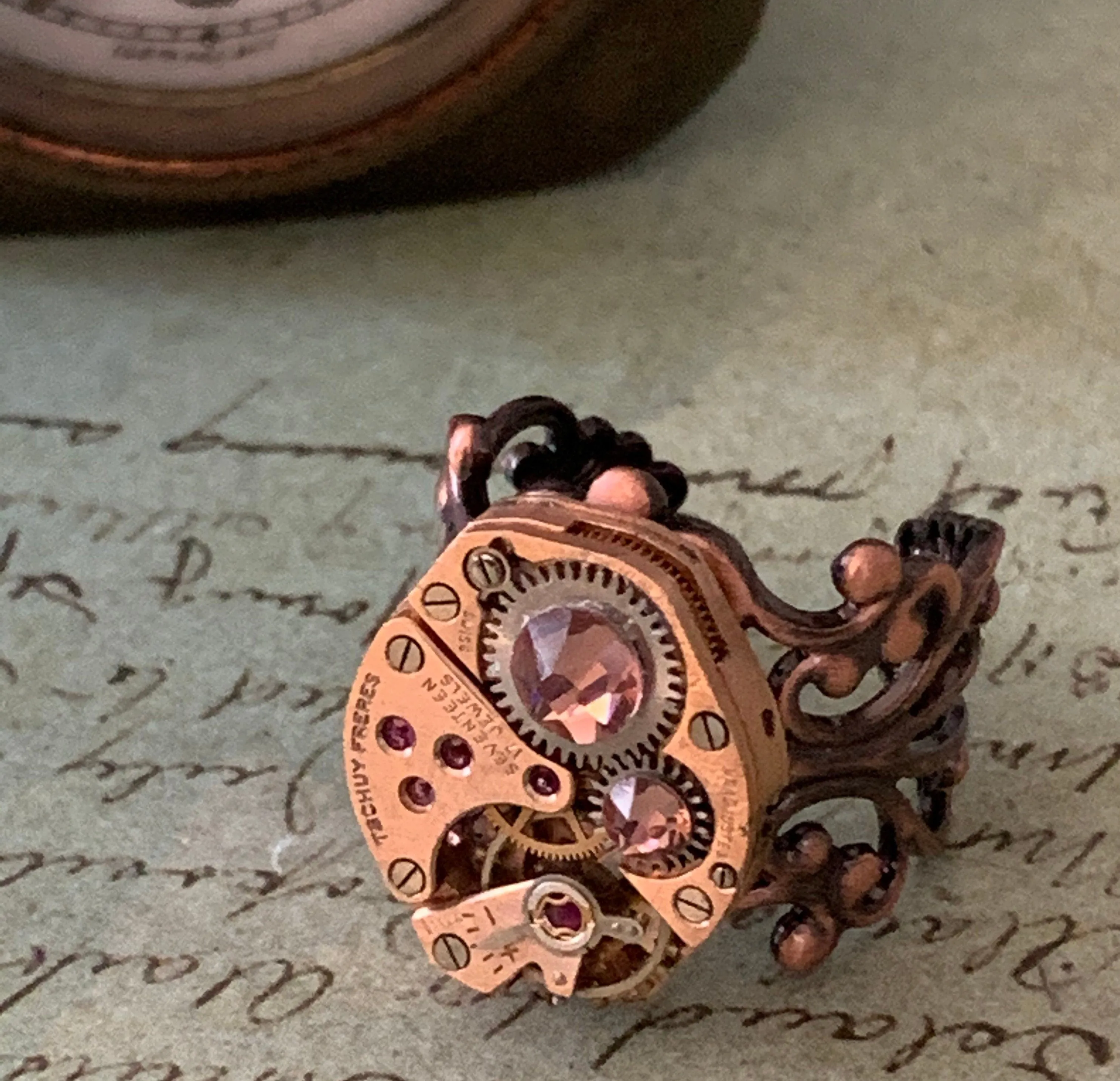 Steampunk Ring - Repurposed recycled beautiful timepiece rose gold watch movement ring red copper adjustable gift for her
