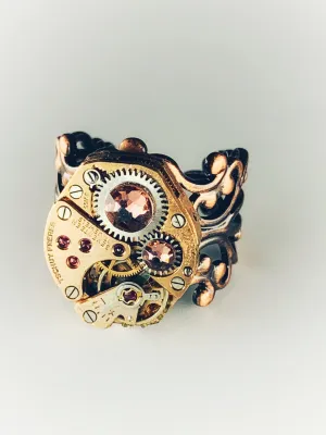 Steampunk Ring - Repurposed recycled beautiful timepiece rose gold watch movement ring red copper adjustable gift for her