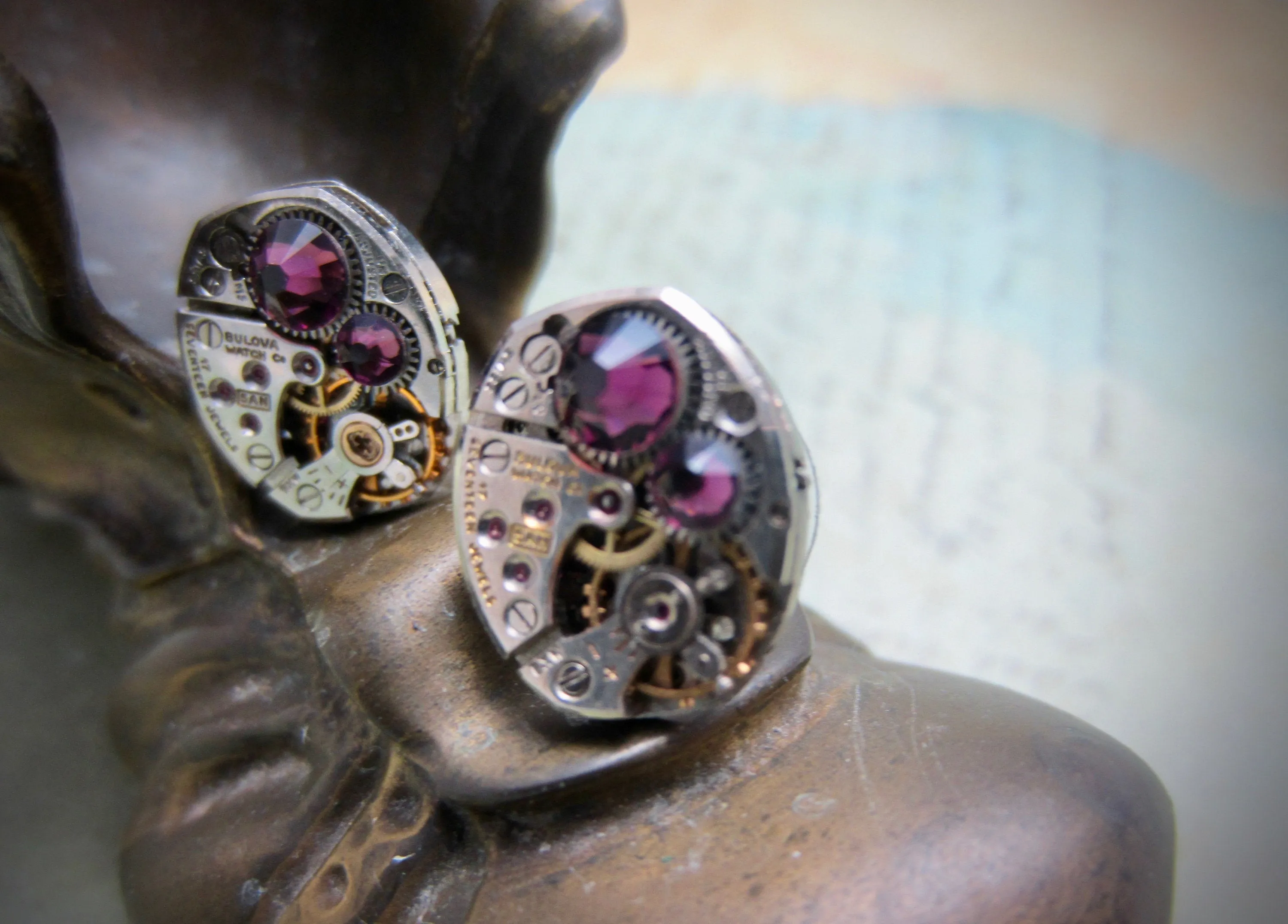 Steampunk Stud Earrings with Mechanical Watch Movement - Post Earrings - Amethyst - February Birthstone - Steampunk jewelry - gift for mom