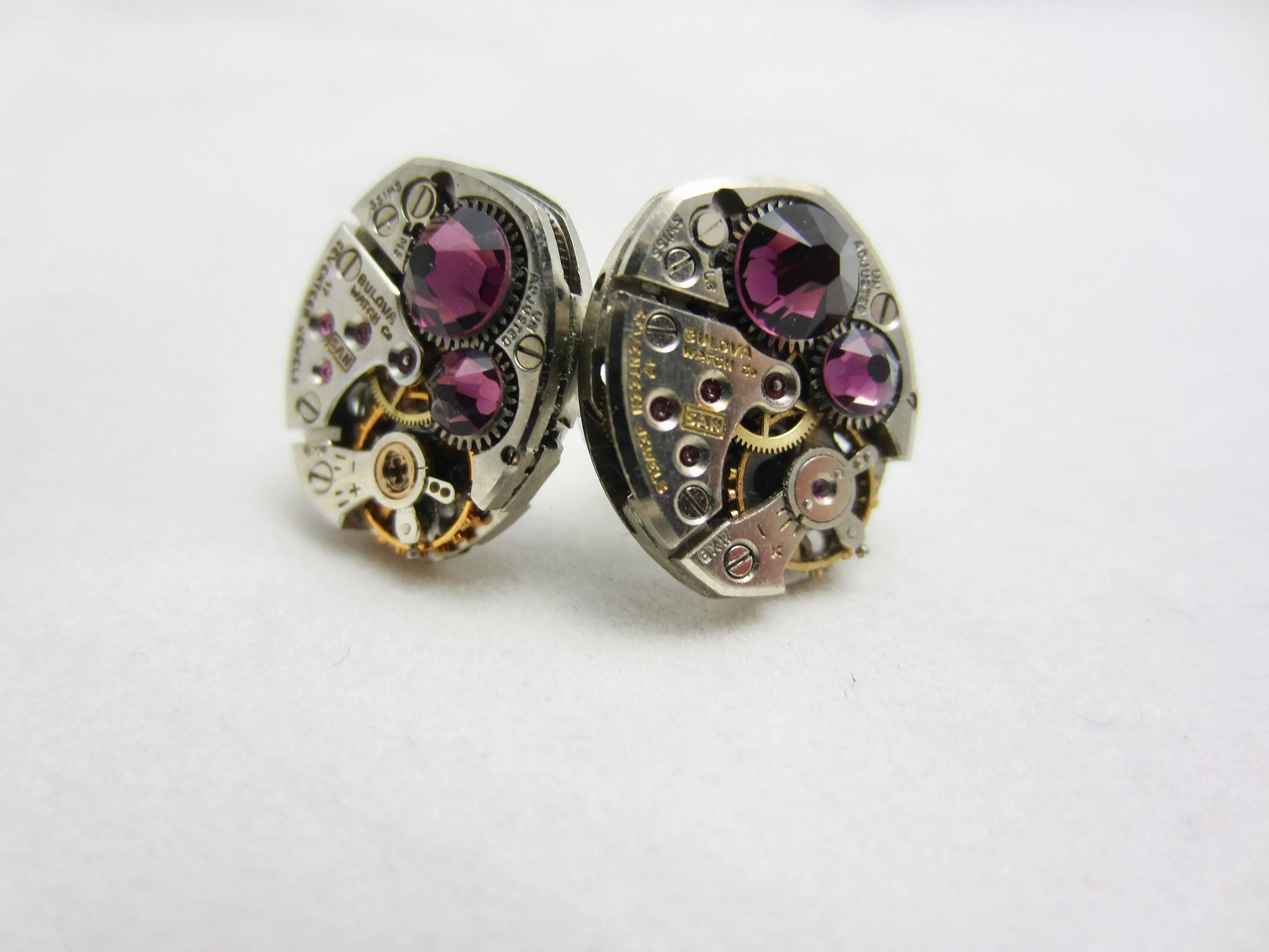 Steampunk Stud Earrings with Mechanical Watch Movement - Post Earrings - Amethyst - February Birthstone - Steampunk jewelry - gift for mom