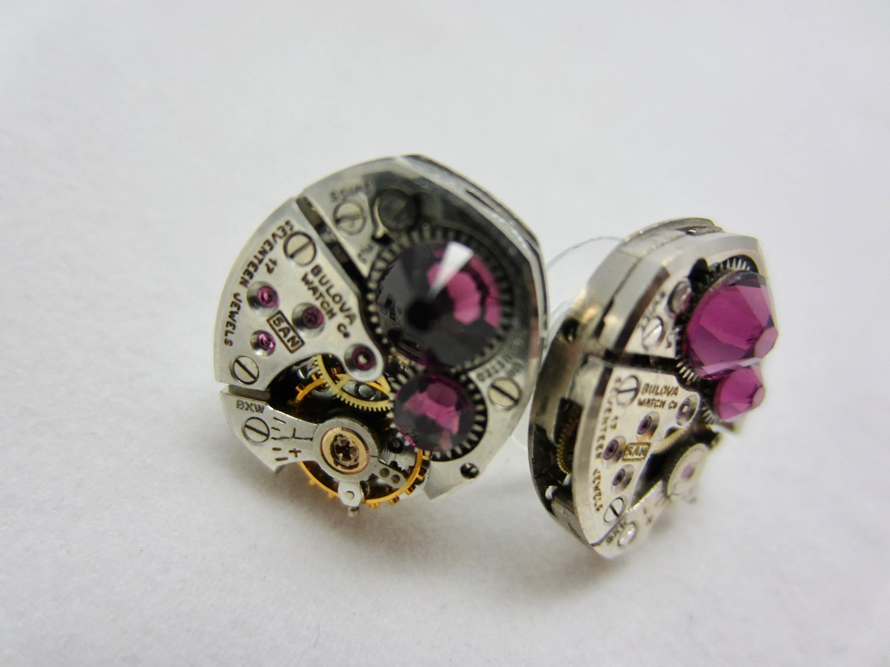 Steampunk Stud Earrings with Mechanical Watch Movement - Post Earrings - Amethyst - February Birthstone - Steampunk jewelry - gift for mom