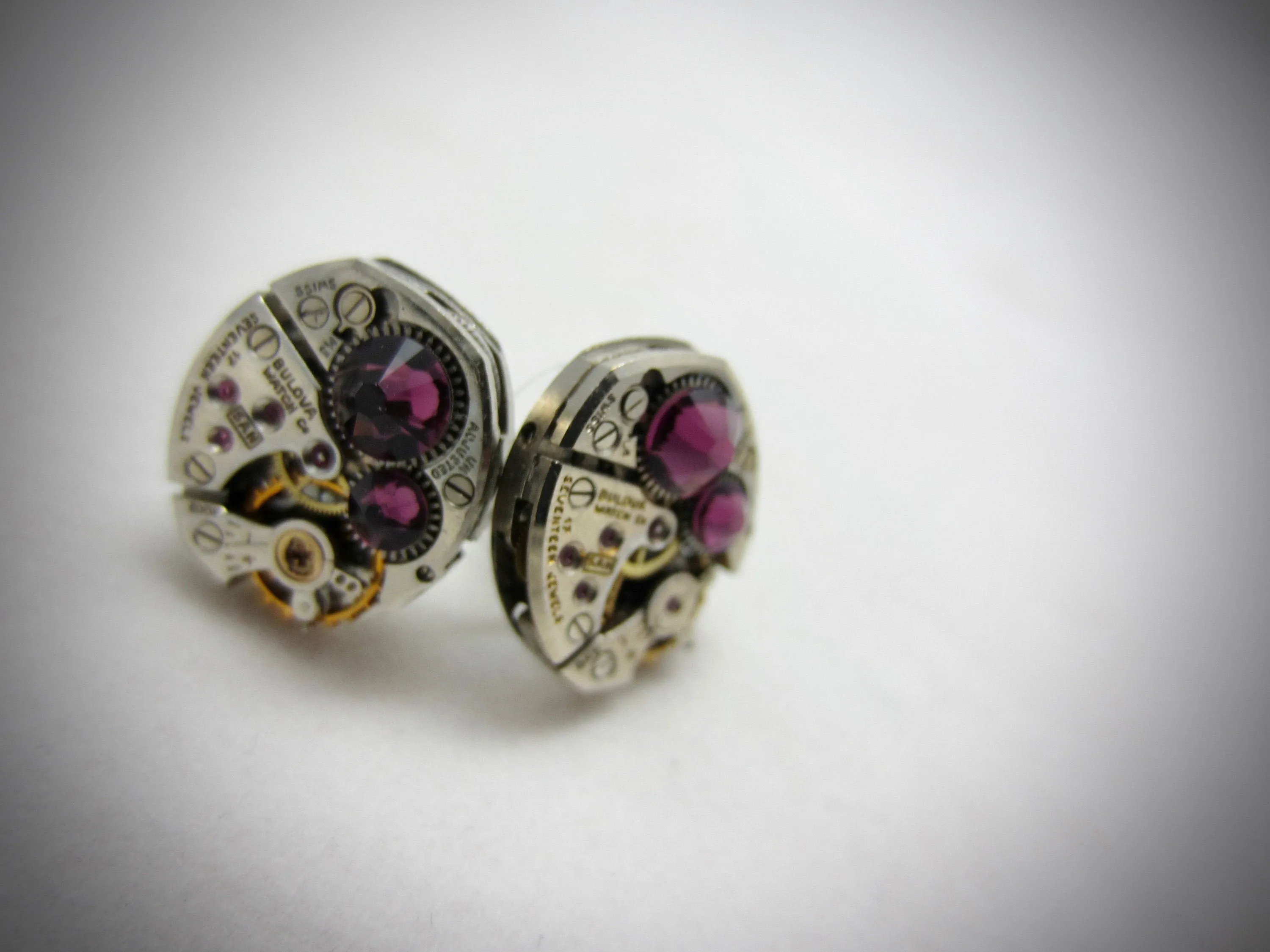 Steampunk Stud Earrings with Mechanical Watch Movement - Post Earrings - Amethyst - February Birthstone - Steampunk jewelry - gift for mom