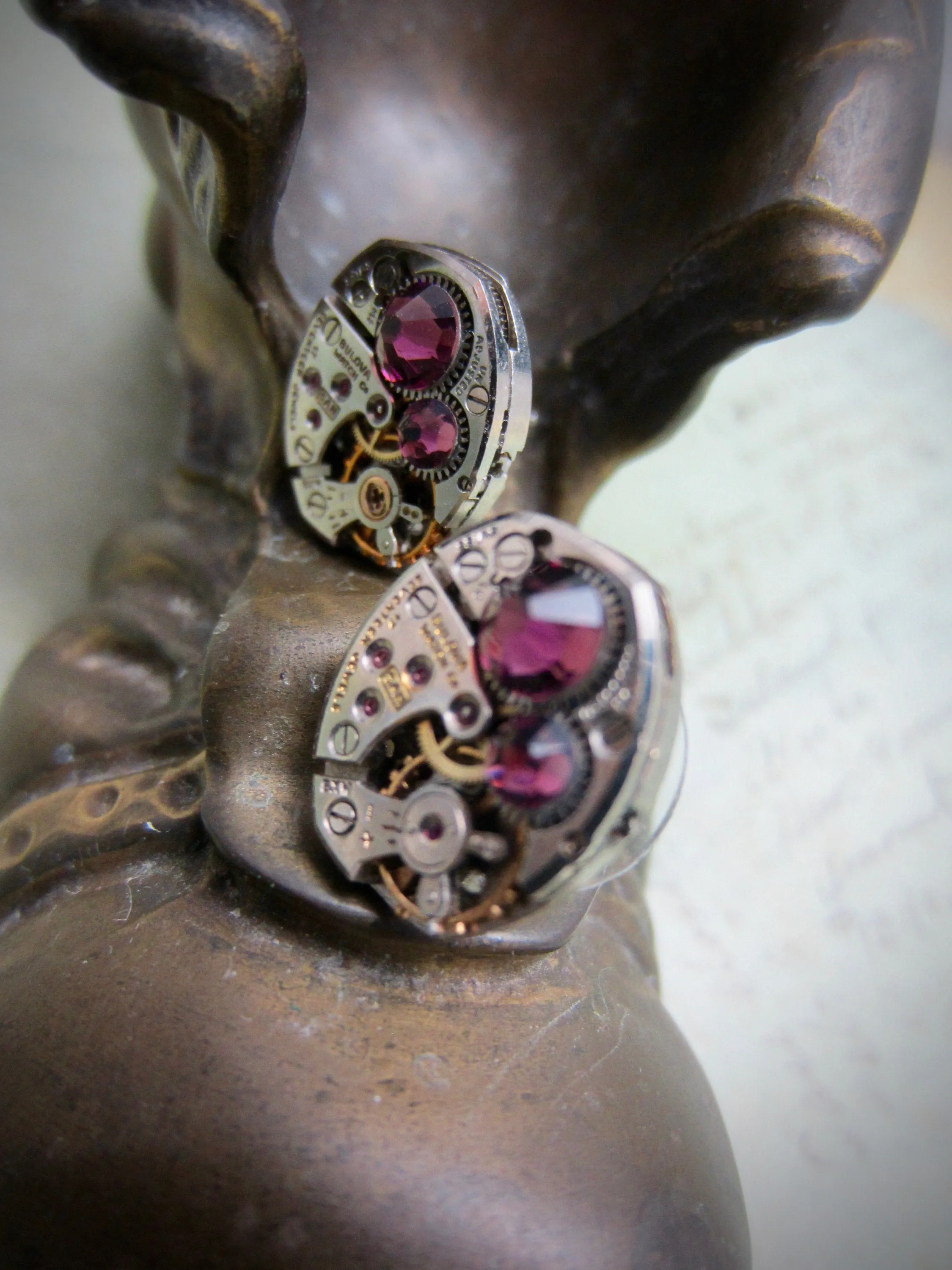 Steampunk Stud Earrings with Mechanical Watch Movement - Post Earrings - Amethyst - February Birthstone - Steampunk jewelry - gift for mom