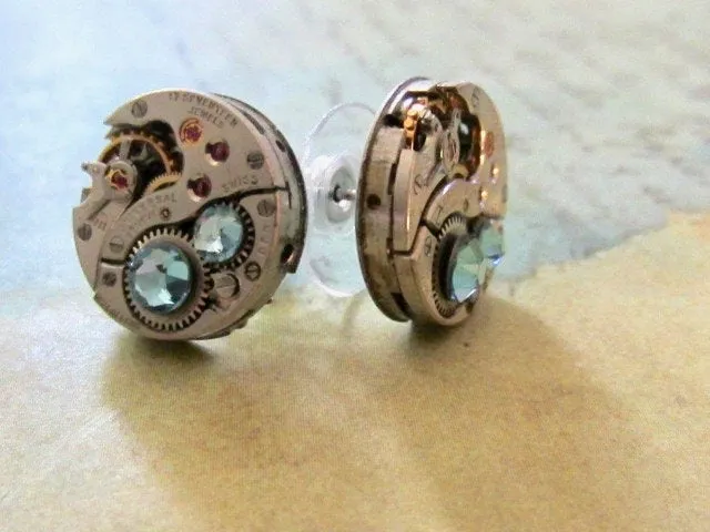 Steampunk Stud Earrings with Mechanical Watch Movement, Steampunk Earrings , Steampunk jewelry