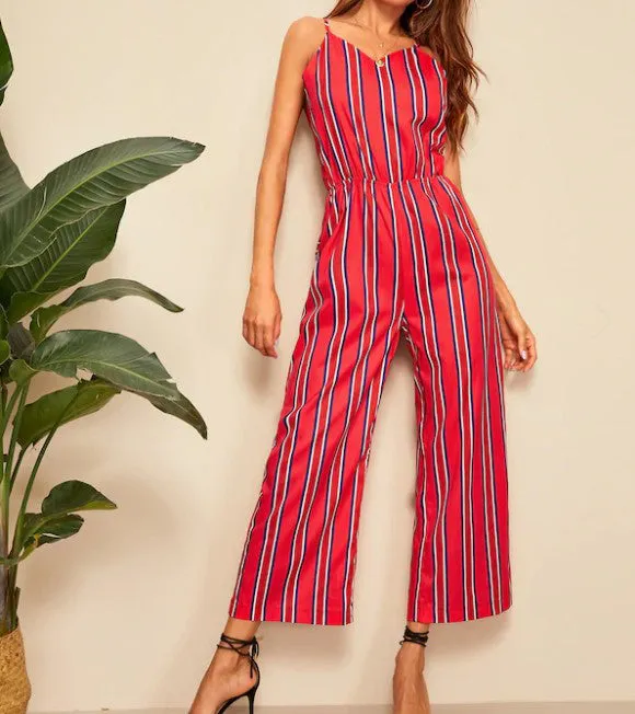 Strap Back Bow Striped Jumpsuit