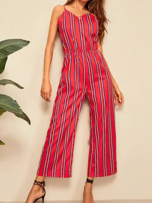 Strap Back Bow Striped Jumpsuit