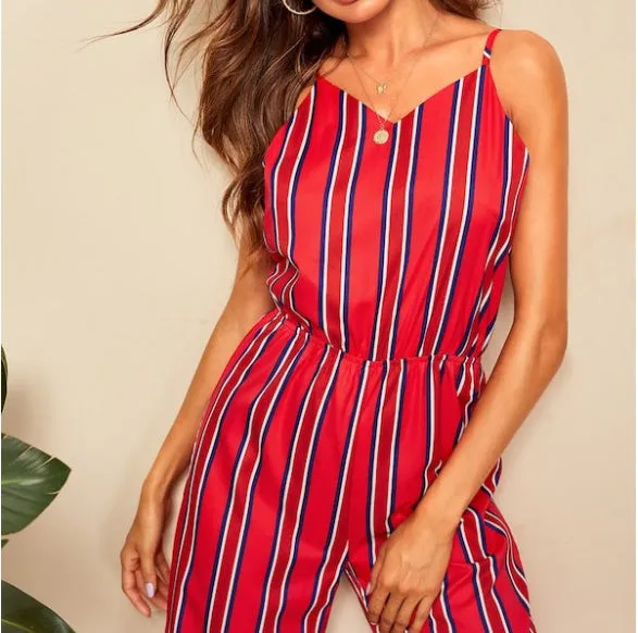 Strap Back Bow Striped Jumpsuit