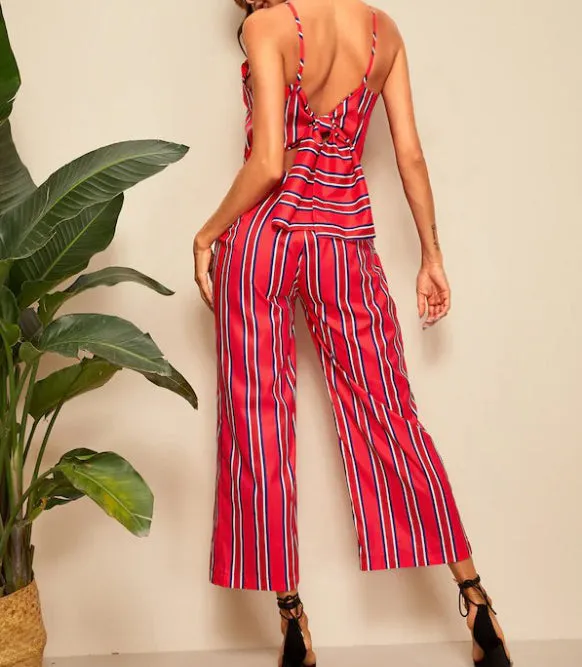 Strap Back Bow Striped Jumpsuit
