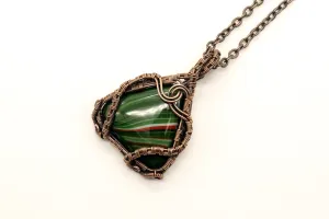 Streaked Green and Red Triangle Pendant with Copper Wire Wrapping