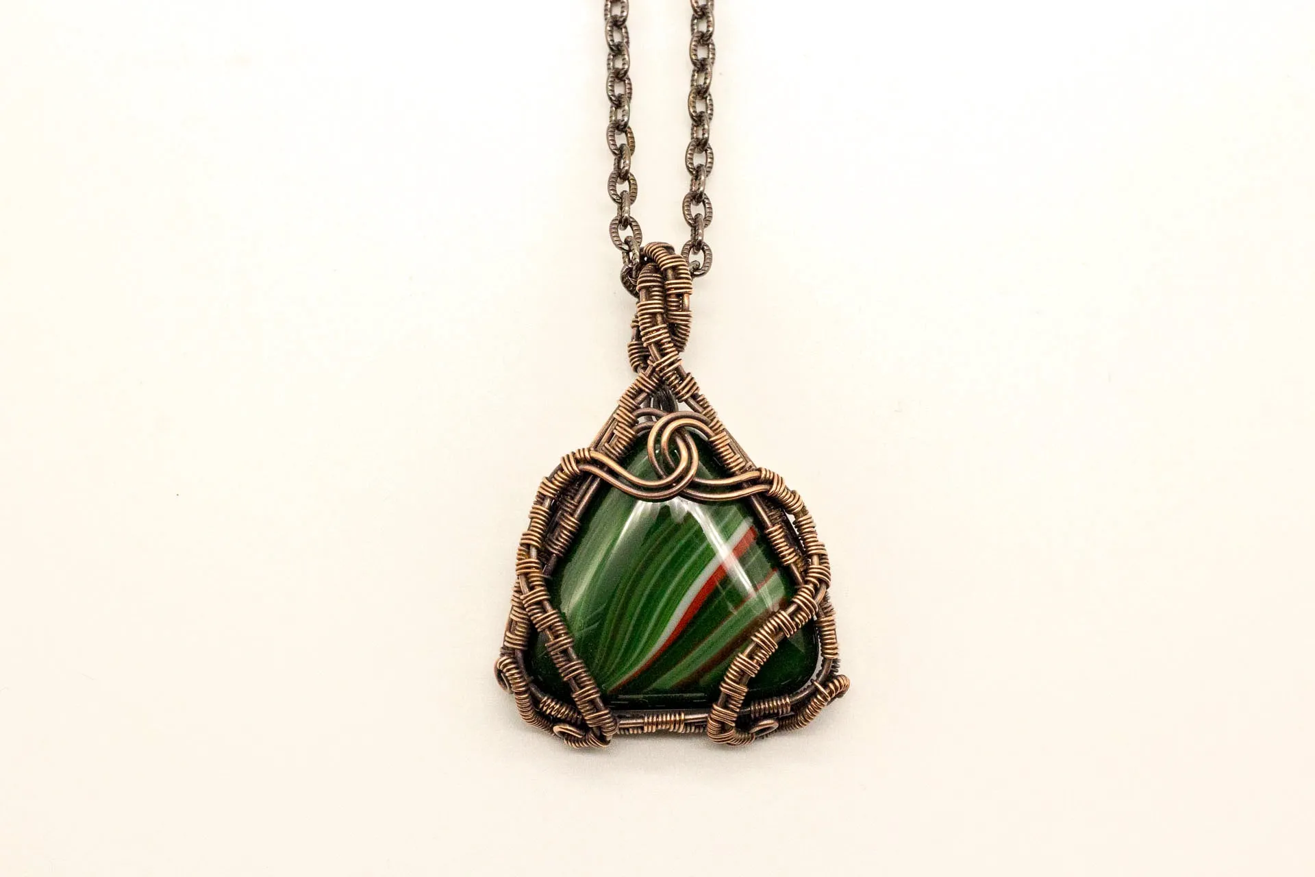 Streaked Green and Red Triangle Pendant with Copper Wire Wrapping