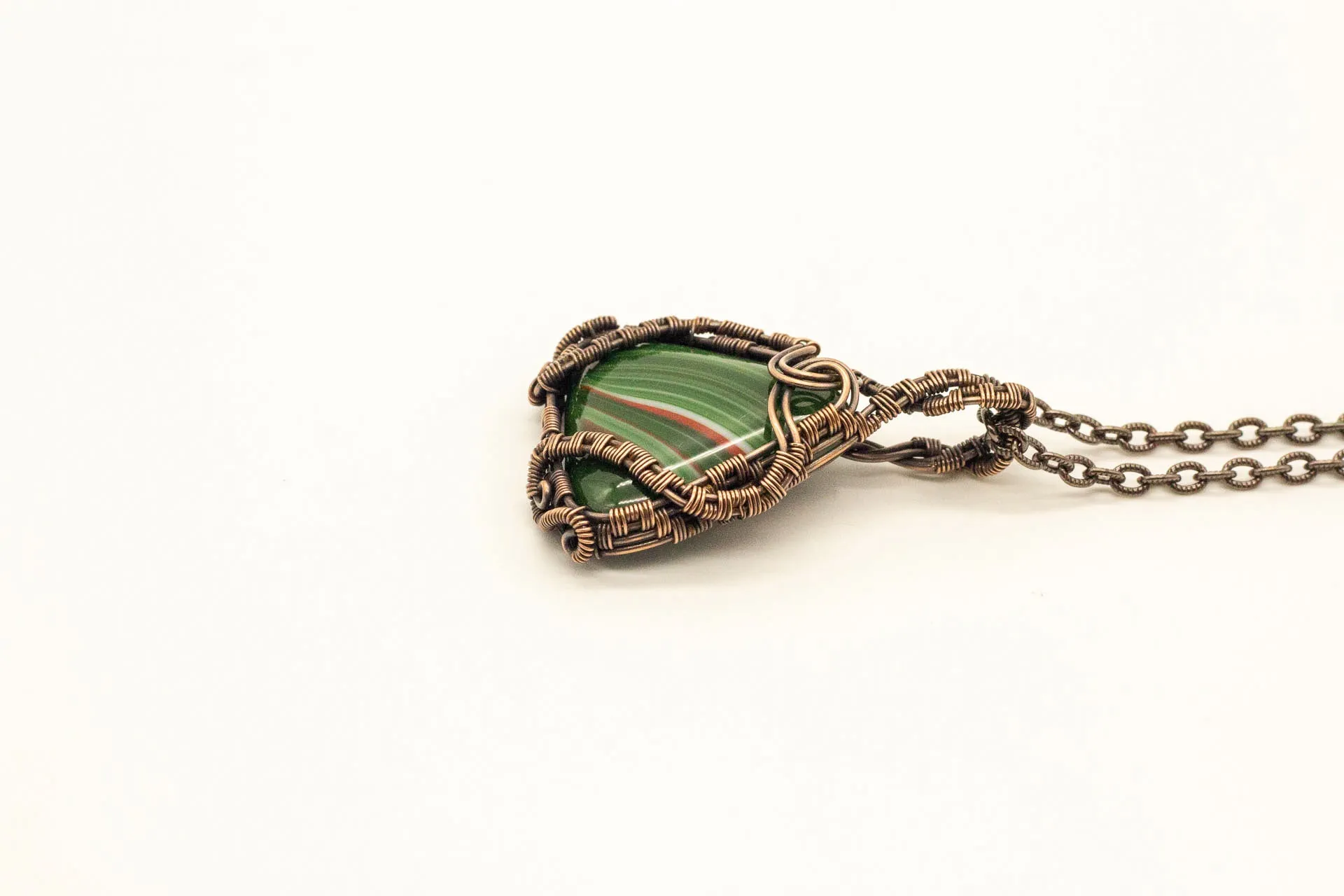 Streaked Green and Red Triangle Pendant with Copper Wire Wrapping