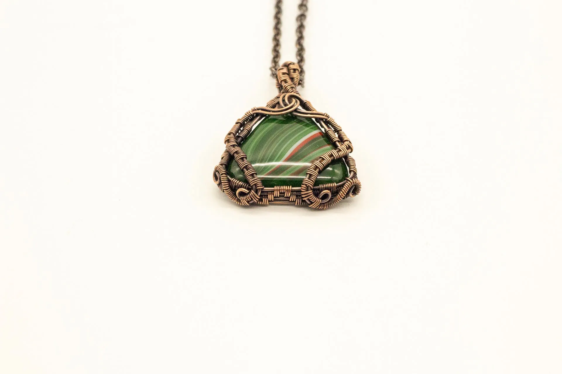 Streaked Green and Red Triangle Pendant with Copper Wire Wrapping