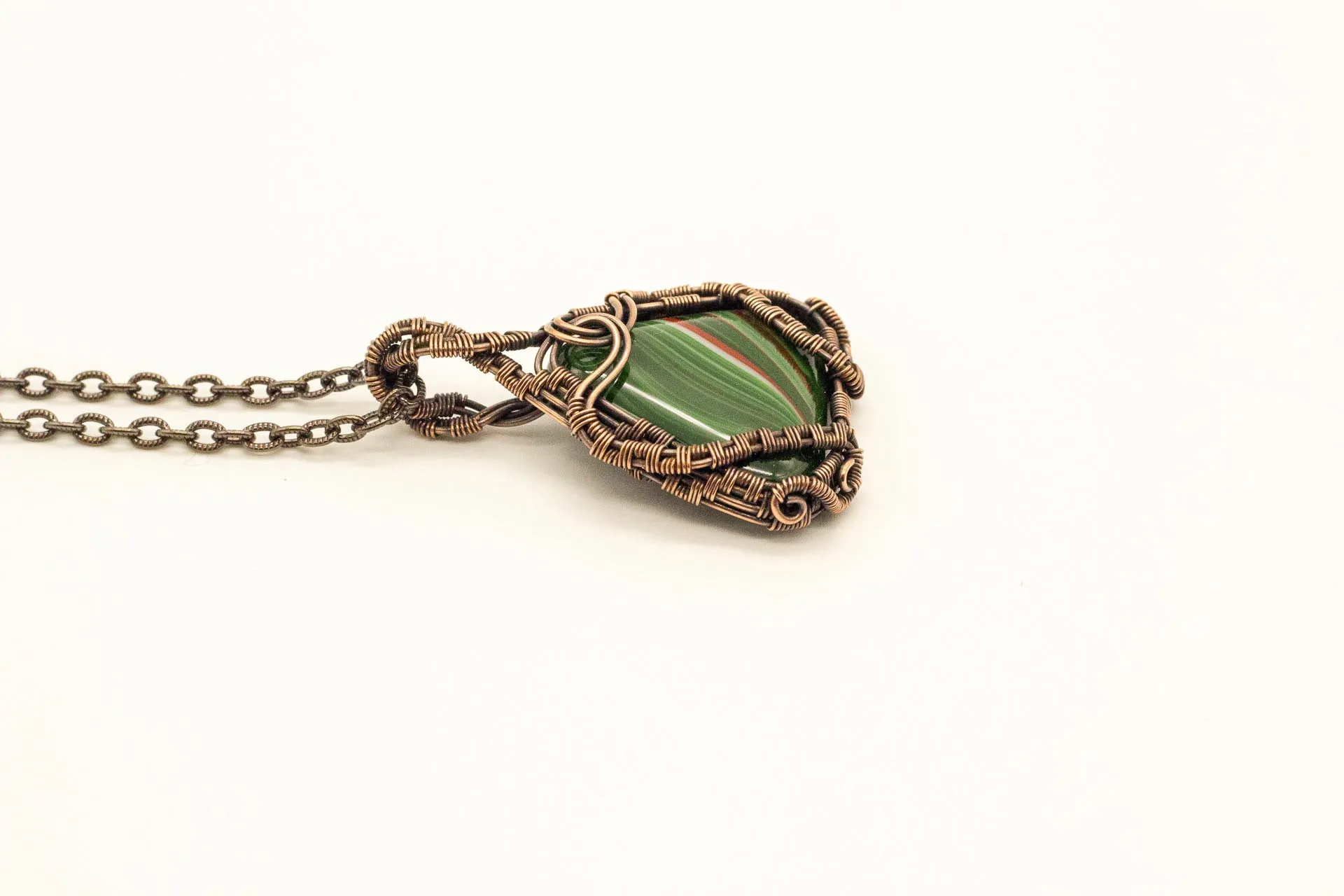 Streaked Green and Red Triangle Pendant with Copper Wire Wrapping