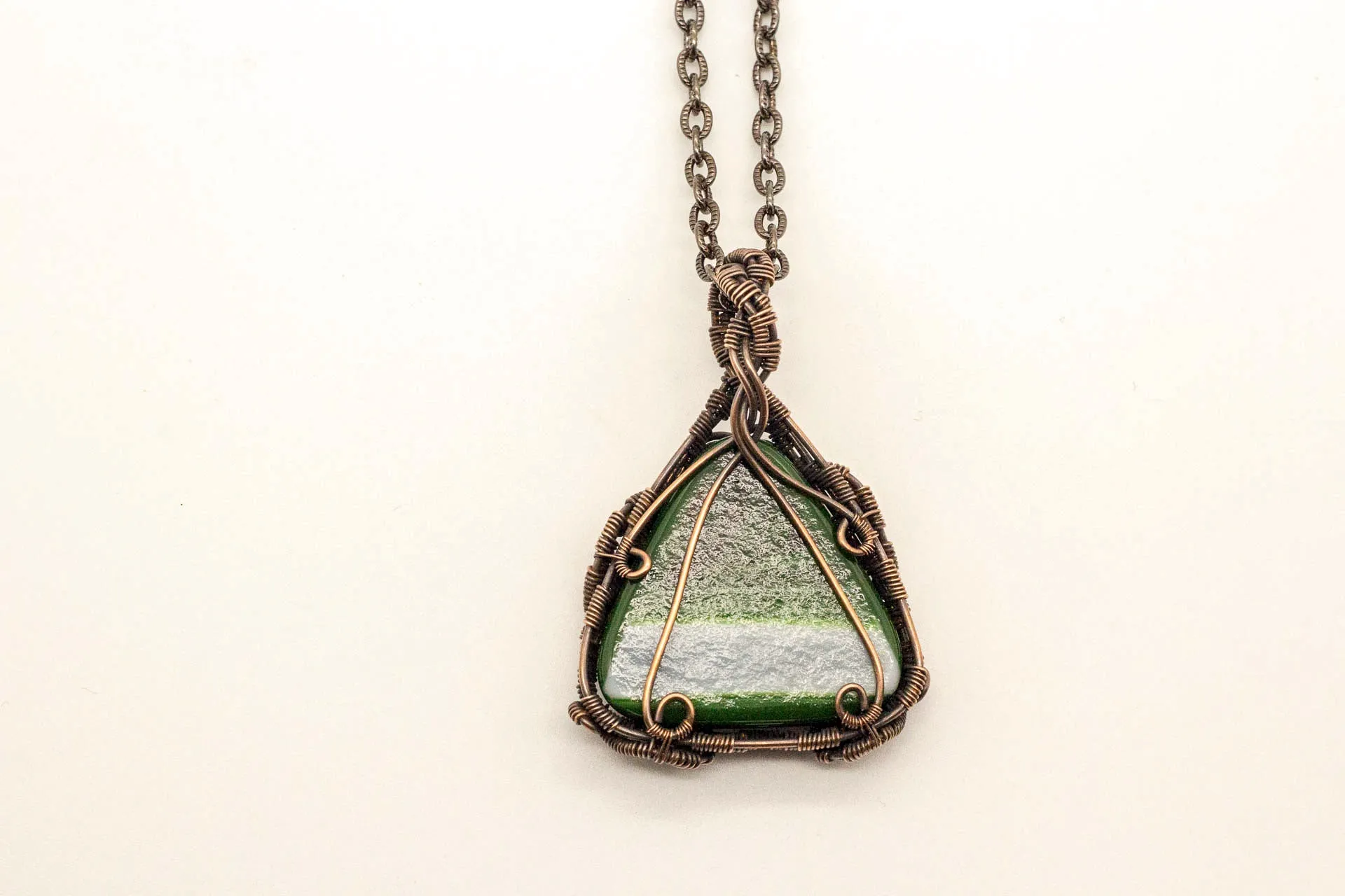 Streaked Green and Red Triangle Pendant with Copper Wire Wrapping