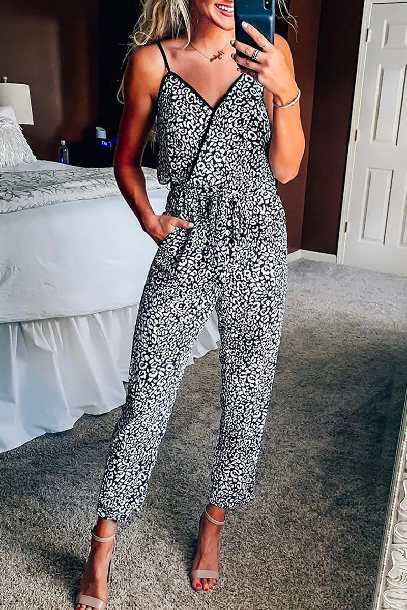 Street Print Leopard Patchwork Spaghetti Strap Regular Jumpsuits