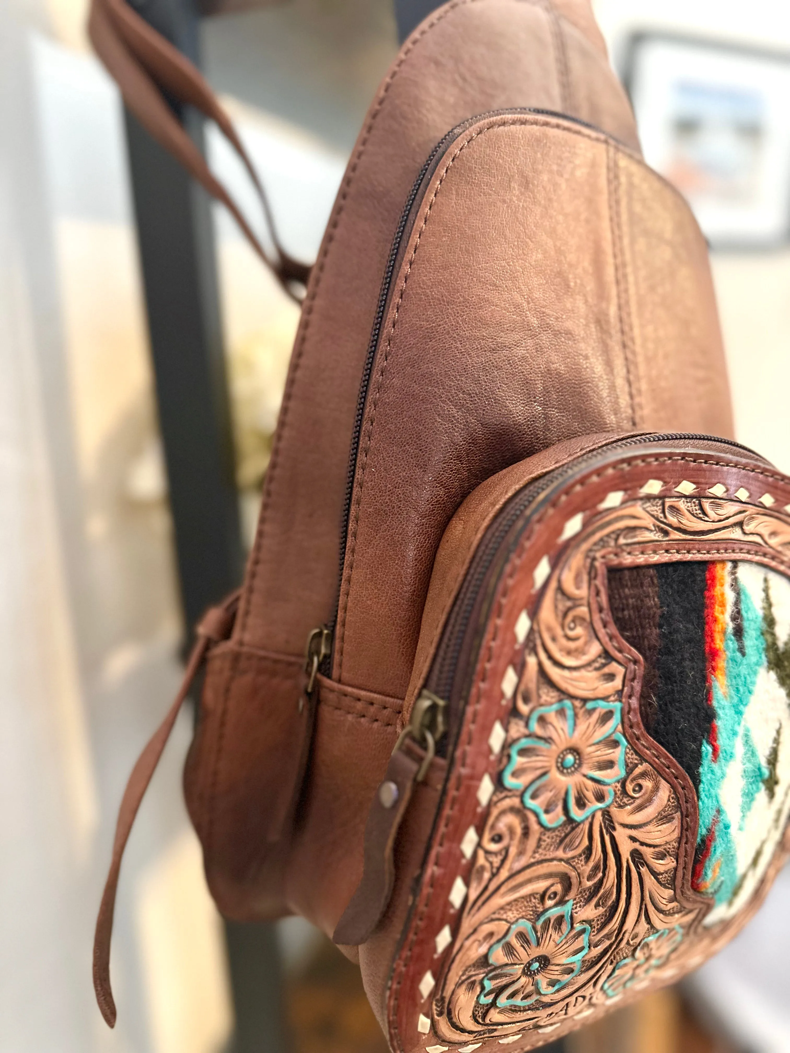 Sunset Leather & Aztec Wool Pattern Backpack