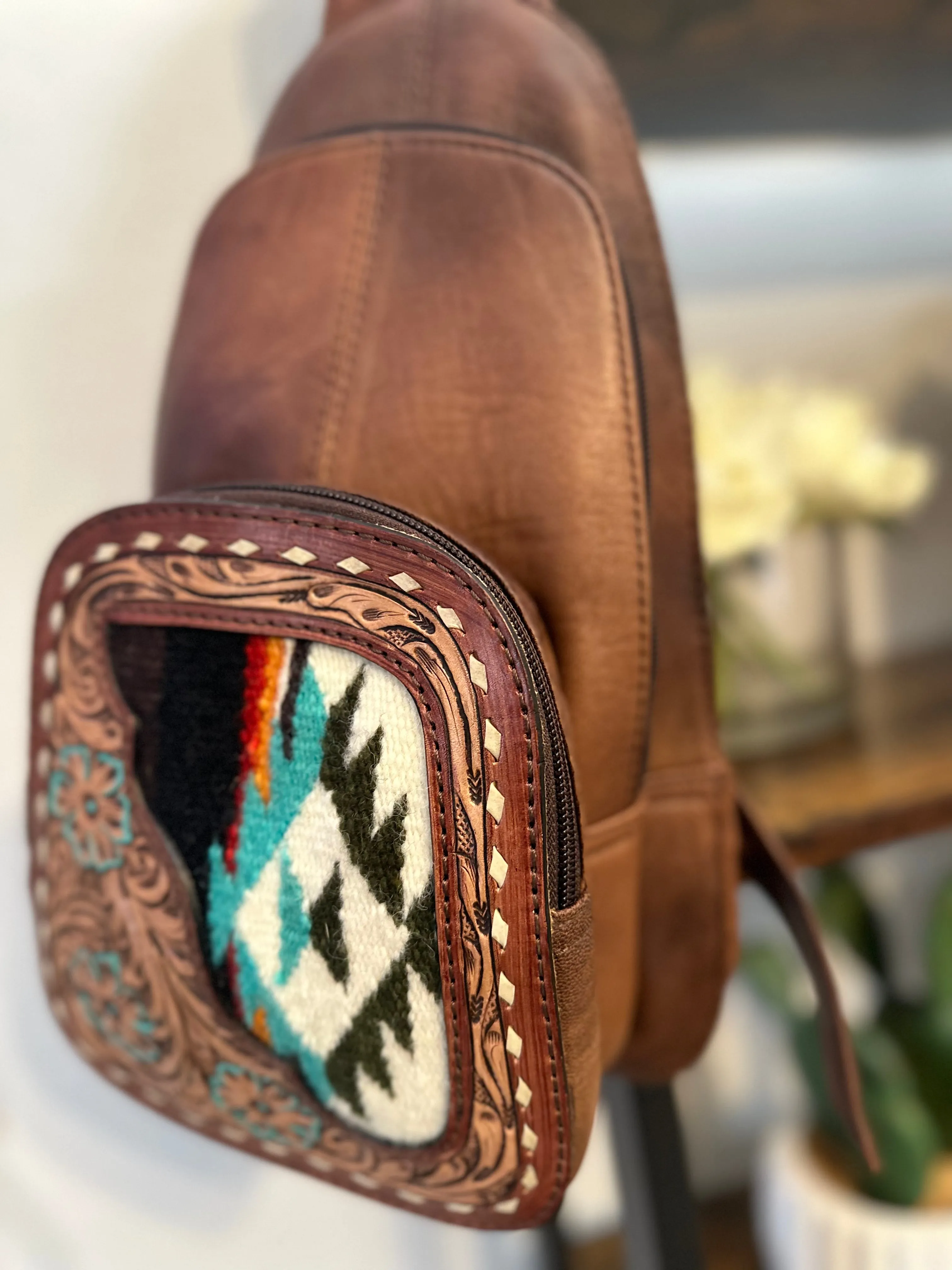 Sunset Leather & Aztec Wool Pattern Backpack
