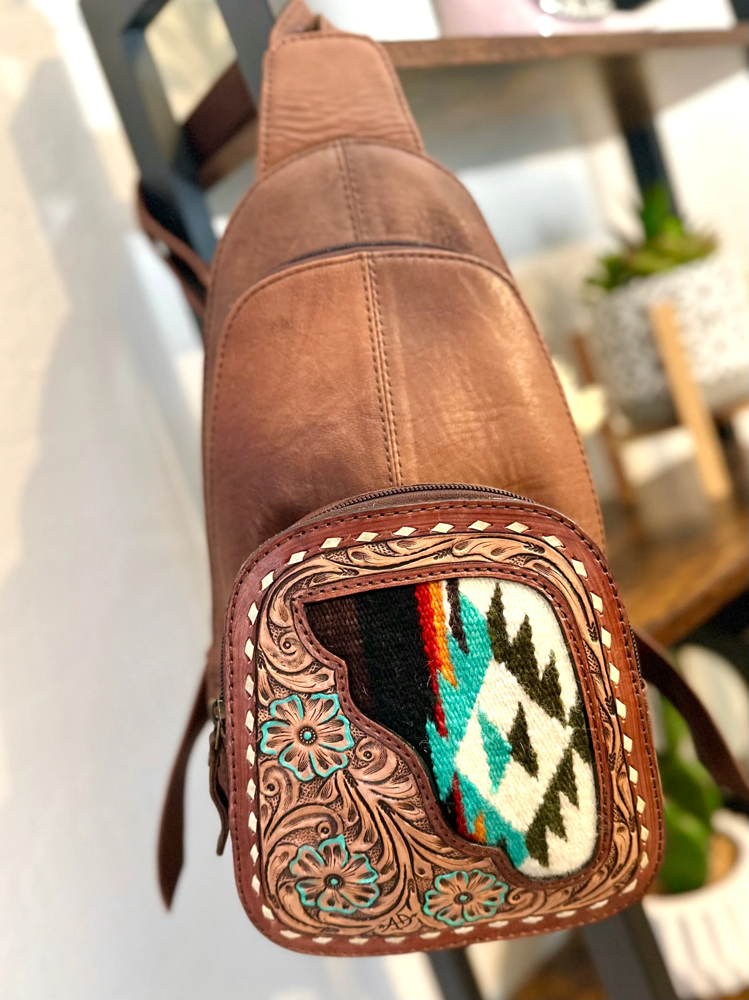 Sunset Leather & Aztec Wool Pattern Backpack