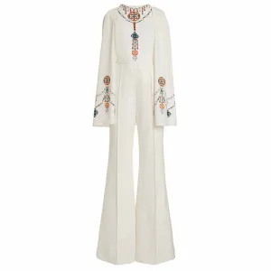 Trumpet Sleeved Jumpsuit White Heavy-duty Diamond Studded Jumpsuit Beaded One Piece Suit