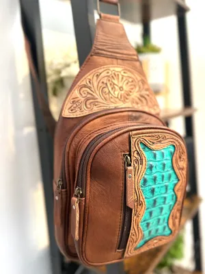 Turquoise and Brown Leather Tooled Sling Bag