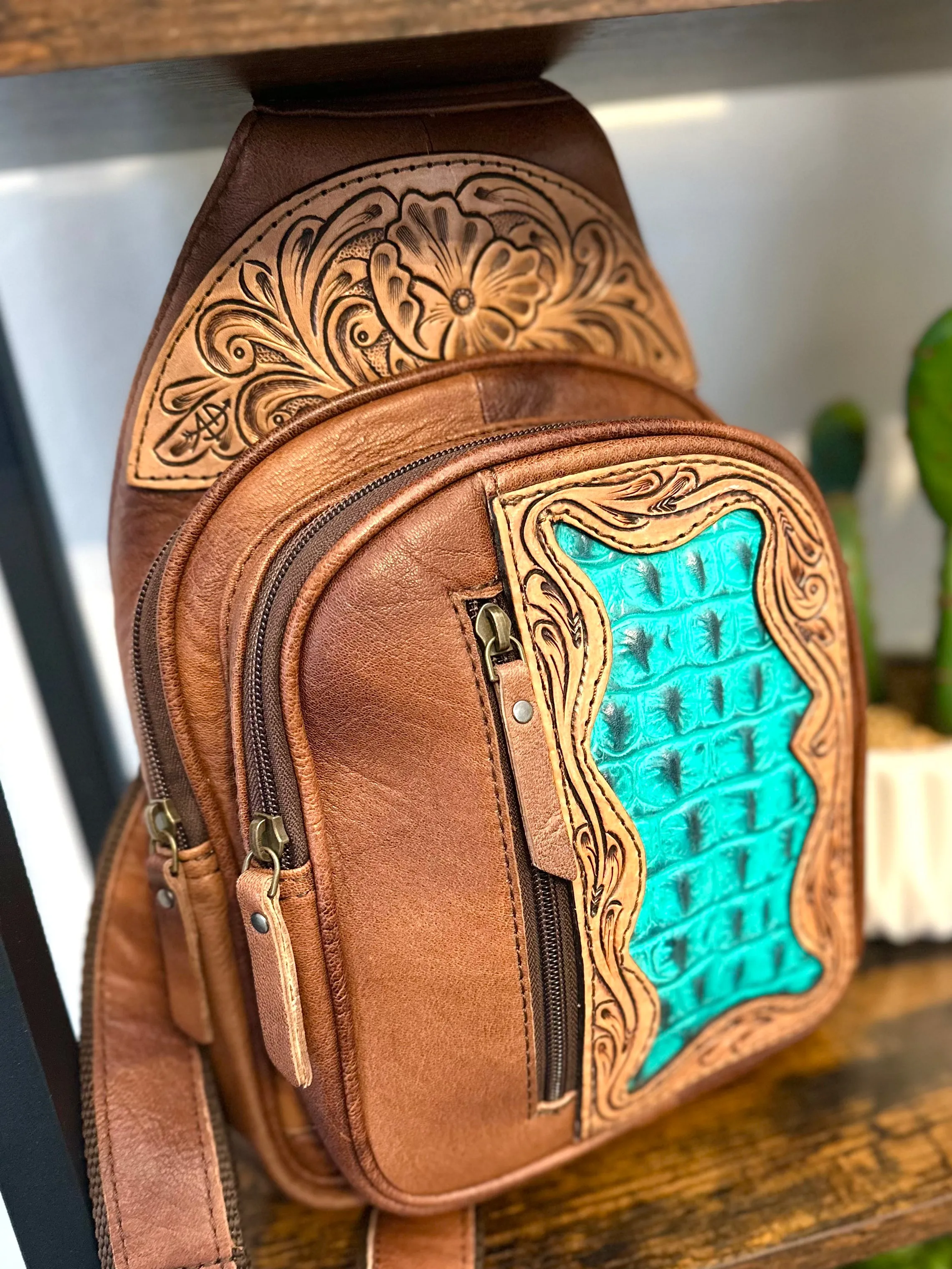 Turquoise and Brown Leather Tooled Sling Bag