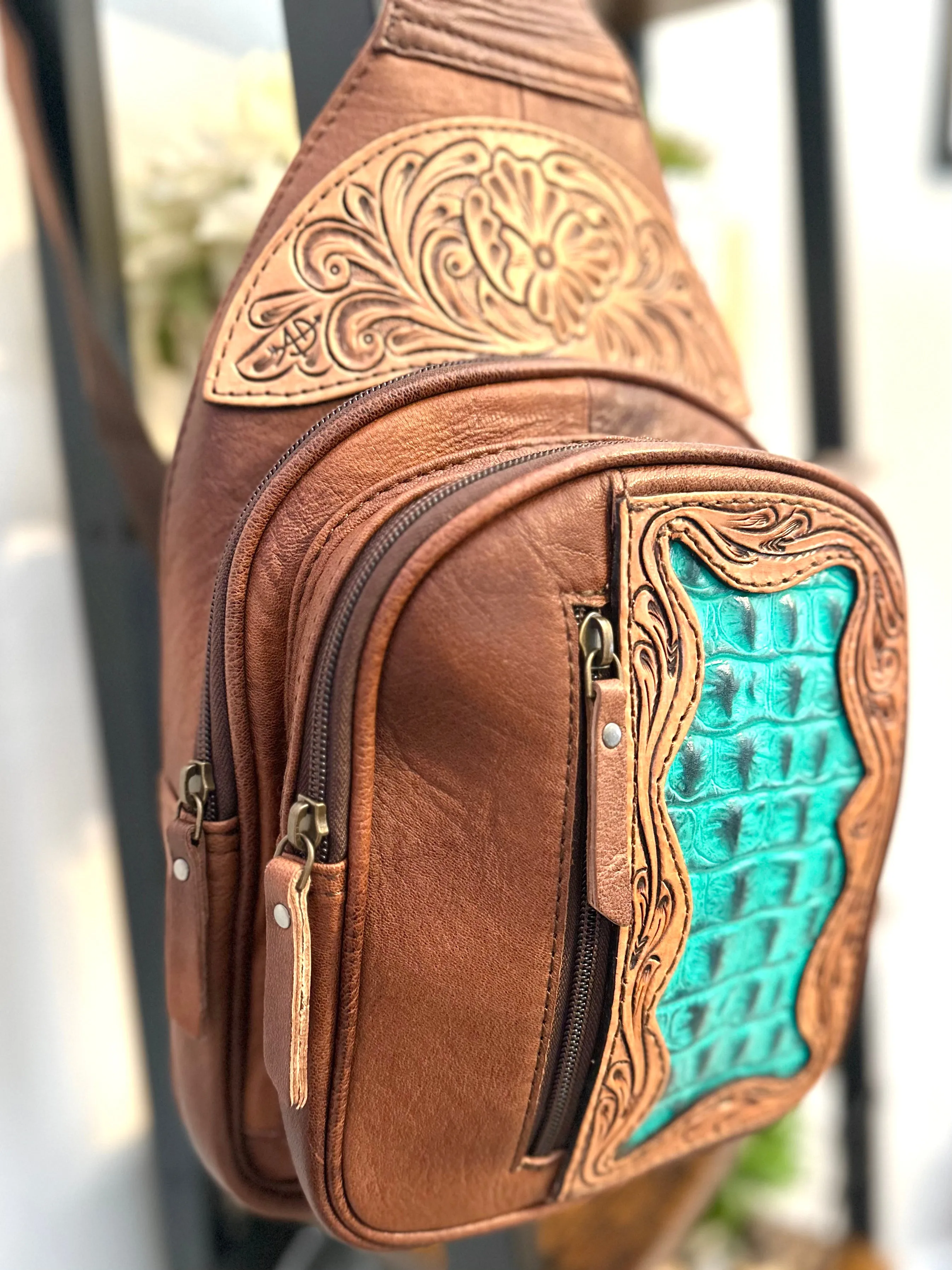 Turquoise and Brown Leather Tooled Sling Bag