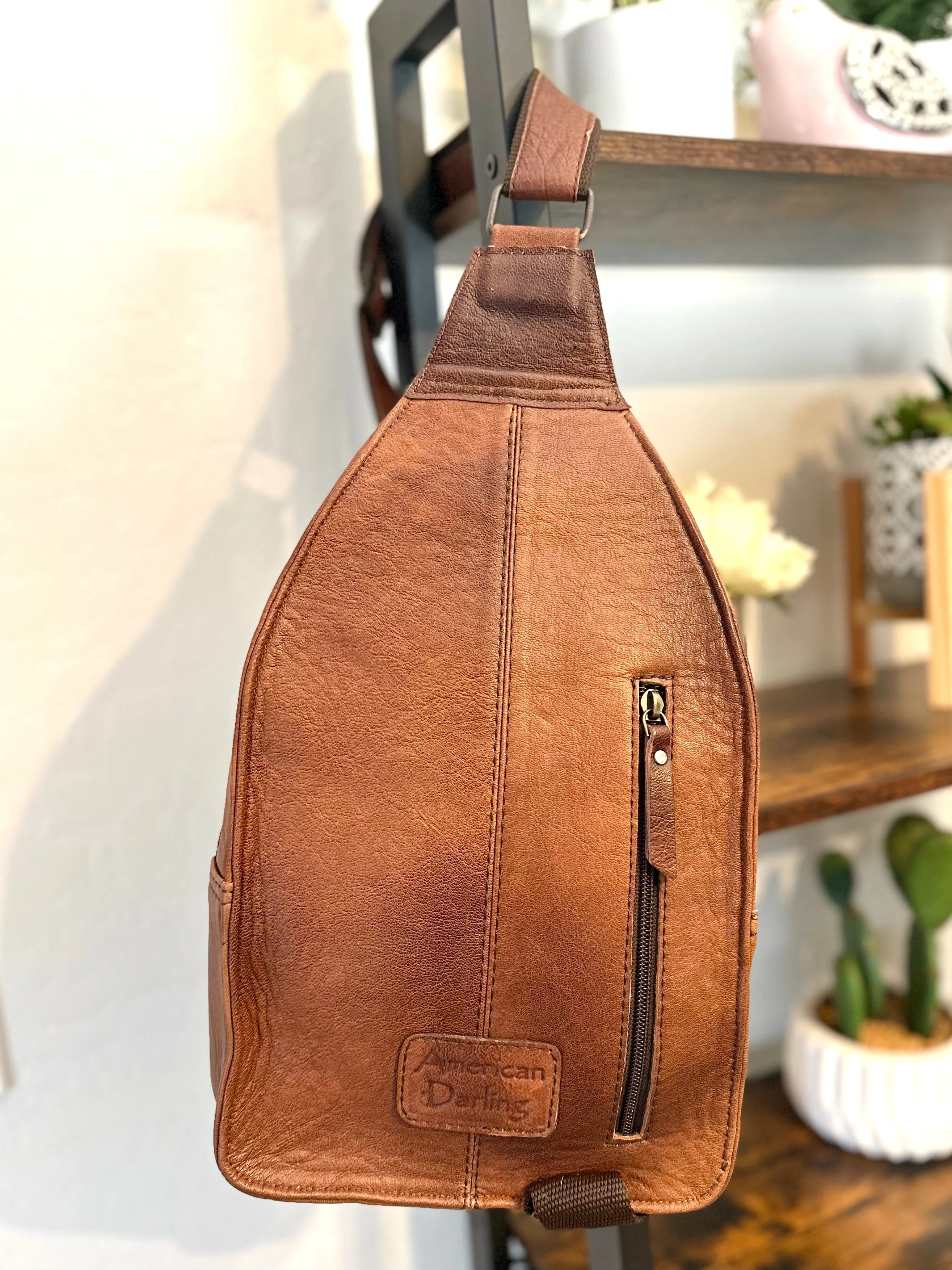 Turquoise and Brown Leather Tooled Sling Bag