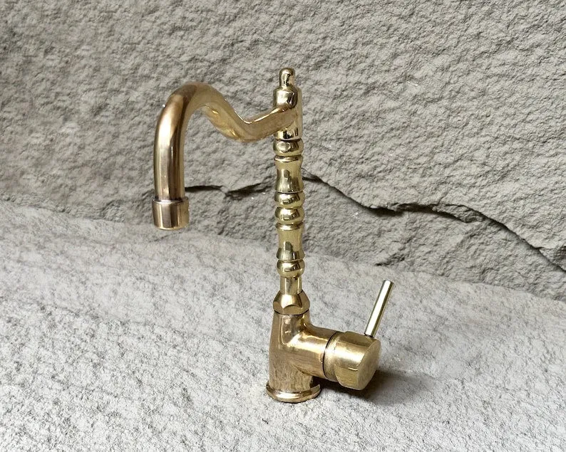 Unlacquered Brass Bathroom Sink Faucet – Solid Brass Mixer Faucet, Single Handle Deck Mount
