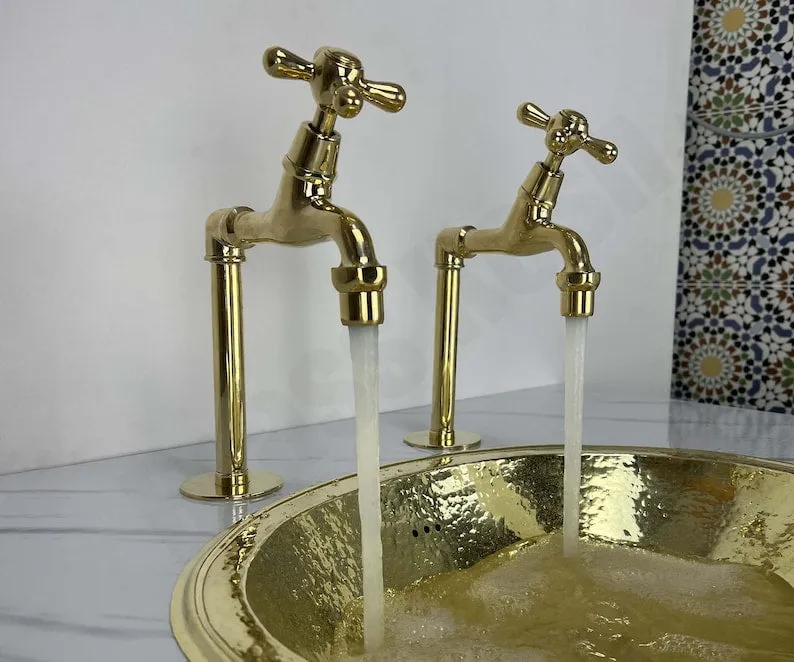 Unlacquered Brass Single Hole Faucet - Dual Hot and Cold Water Handles