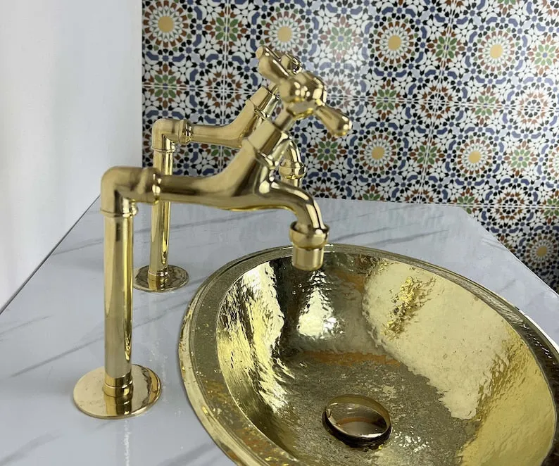 Unlacquered Brass Single Hole Faucet - Dual Hot and Cold Water Handles