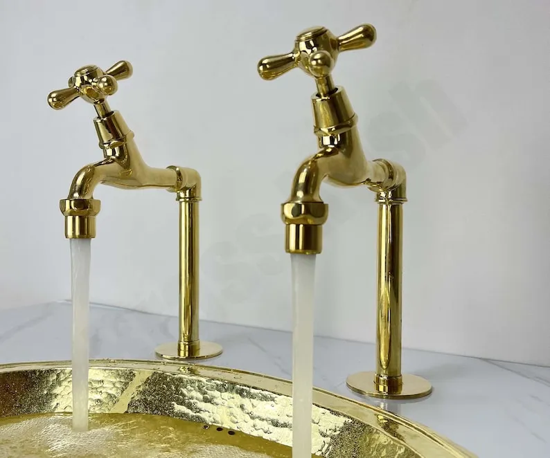 Unlacquered Brass Single Hole Faucet - Dual Hot and Cold Water Handles