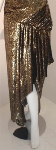 VICKY TIEL 1980s Black and Gold Velvet Gown with High Low Hem