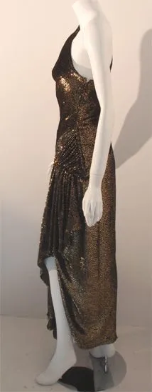 VICKY TIEL 1980s Black and Gold Velvet Gown with High Low Hem