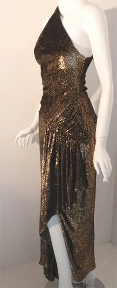 VICKY TIEL 1980s Black and Gold Velvet Gown with High Low Hem
