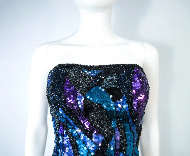 VINTAGE Abstract Blue Purple Lavender Sequin Bustier