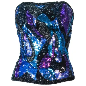 VINTAGE Abstract Blue Purple Lavender Sequin Bustier