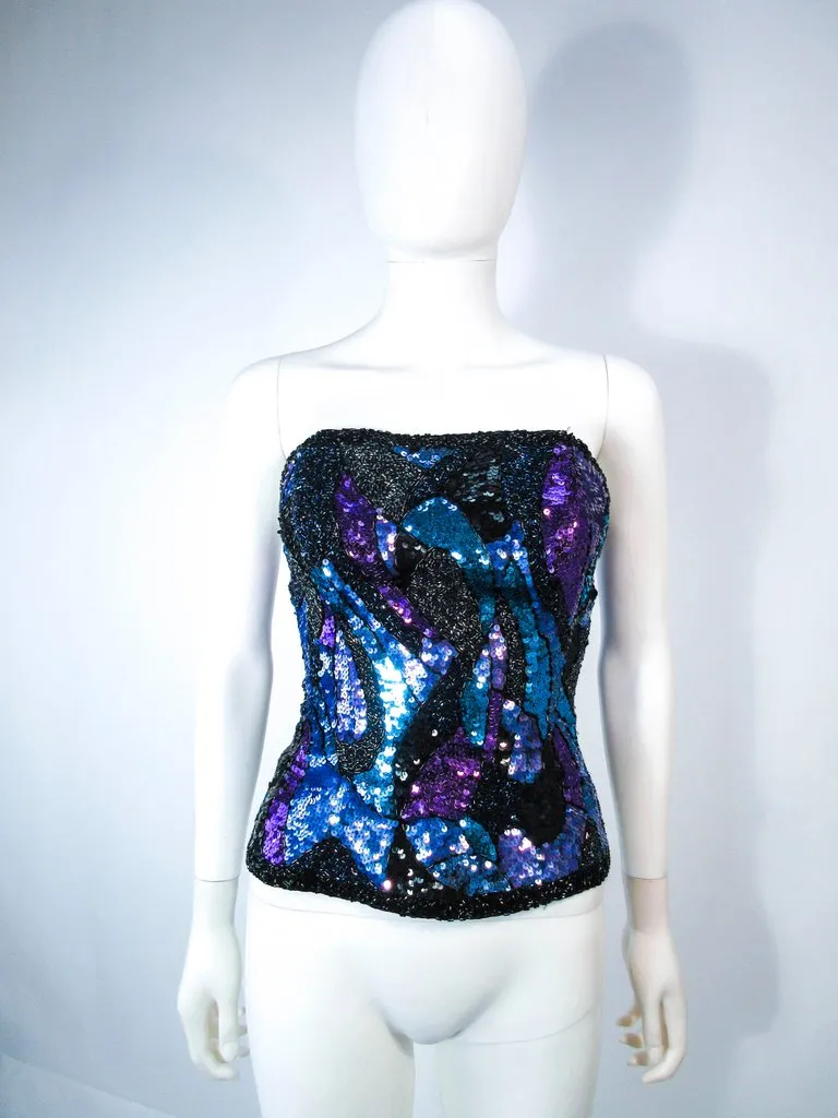 VINTAGE Abstract Blue Purple Lavender Sequin Bustier