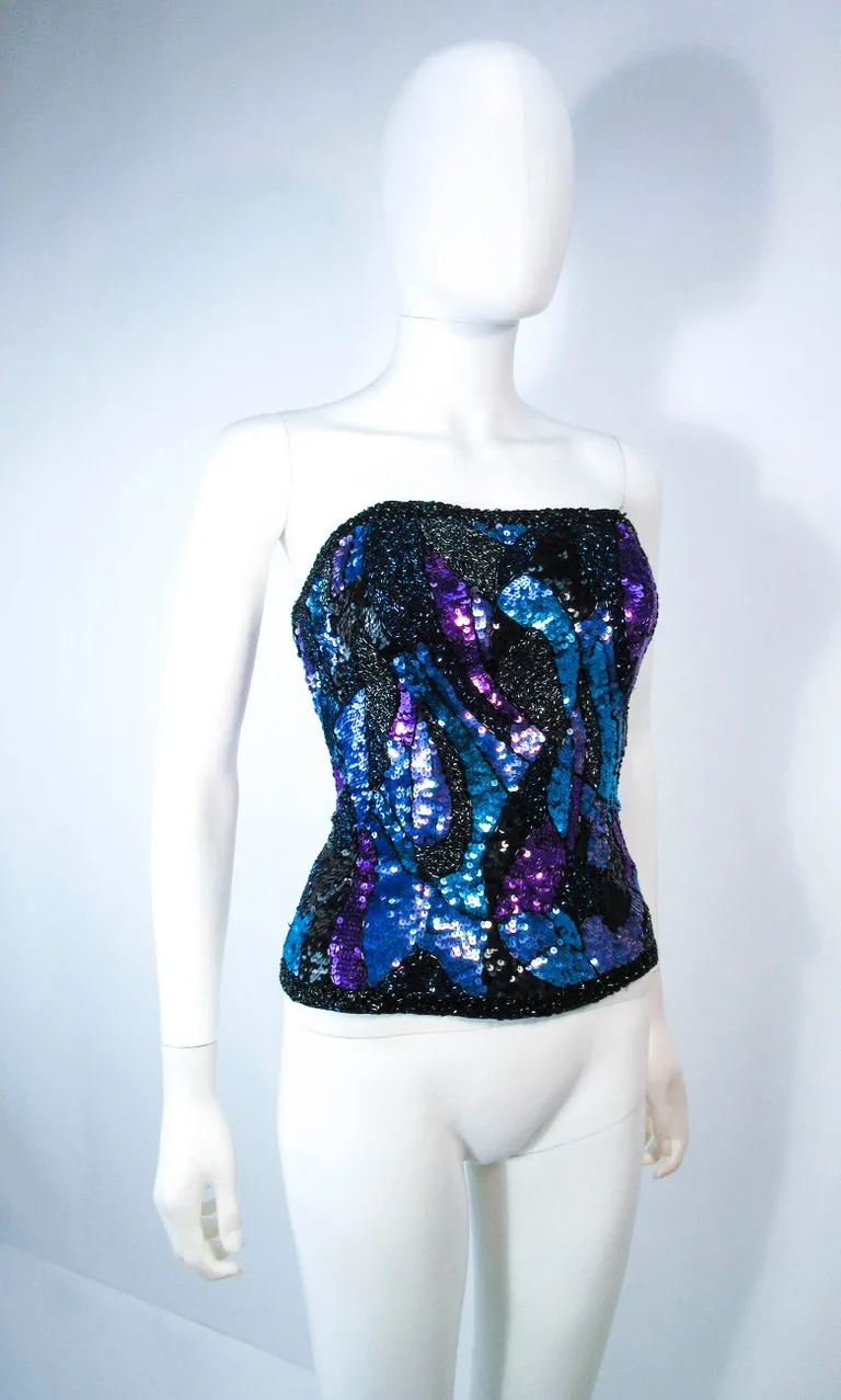 VINTAGE Abstract Blue Purple Lavender Sequin Bustier