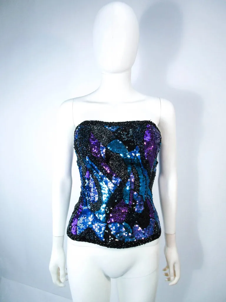 VINTAGE Abstract Blue Purple Lavender Sequin Bustier