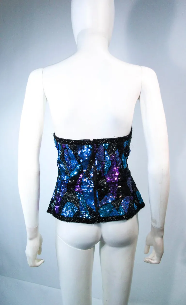 VINTAGE Abstract Blue Purple Lavender Sequin Bustier