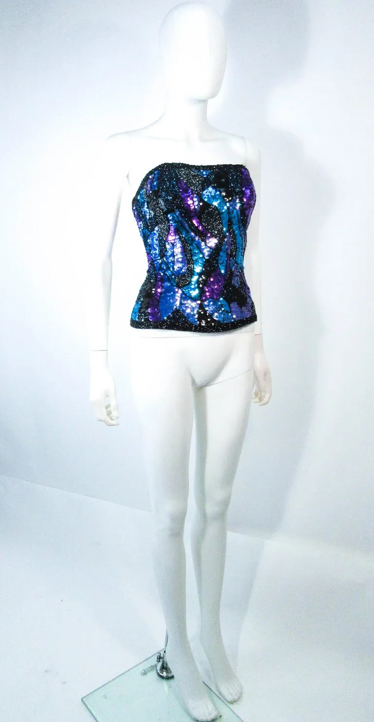VINTAGE Abstract Blue Purple Lavender Sequin Bustier