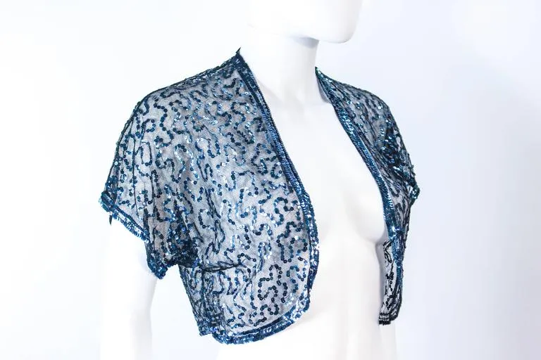 VINTAGE Circa 1930s Blue Sequin and Tulle Bolero Size 2-4