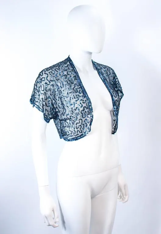 VINTAGE Circa 1930s Blue Sequin and Tulle Bolero Size 2-4