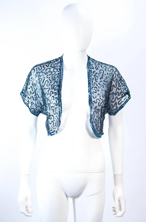 VINTAGE Circa 1930s Blue Sequin and Tulle Bolero Size 2-4