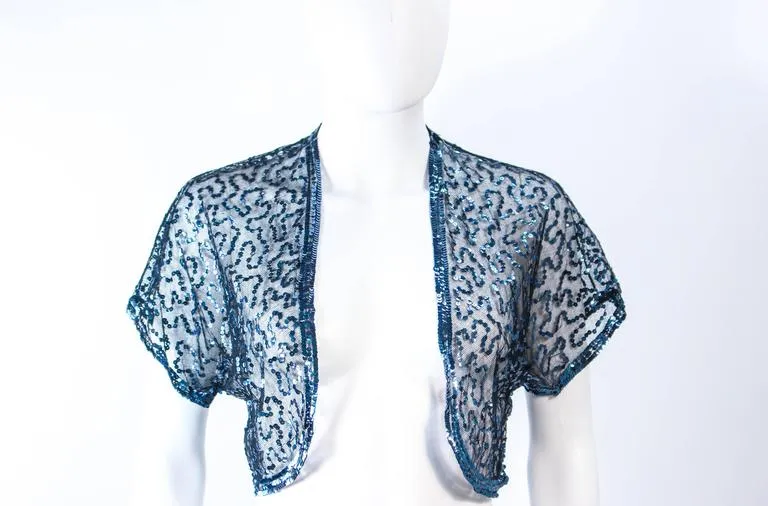 VINTAGE Circa 1930s Blue Sequin and Tulle Bolero Size 2-4
