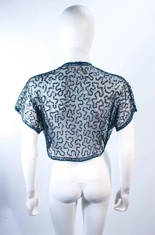 VINTAGE Circa 1930s Blue Sequin and Tulle Bolero Size 2-4