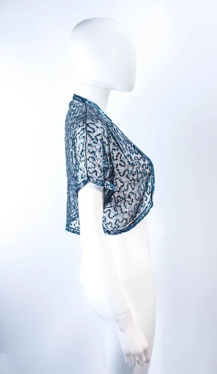 VINTAGE Circa 1930s Blue Sequin and Tulle Bolero Size 2-4