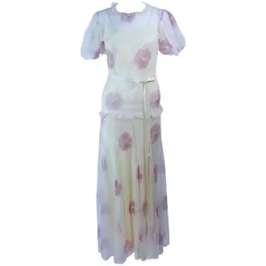 VINTAGE Circa 1930s Yellow Satin Gown & Sheer Floral Overlay Size 2
