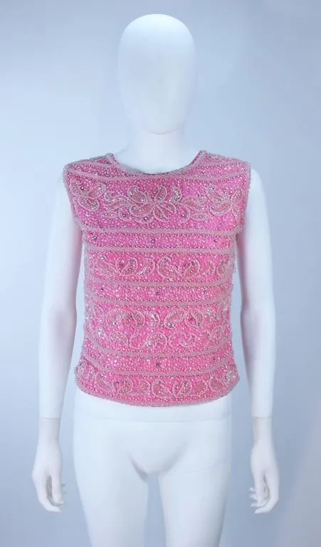VINTAGE Circa 1960s Pink Beaded Zip Back Blouse Size 6-8